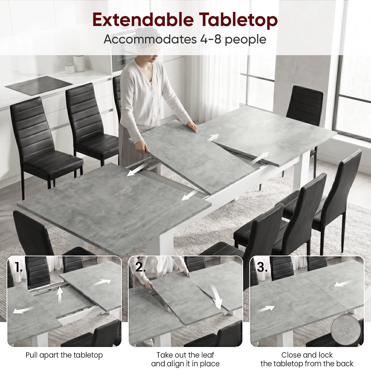 [Concrete]  Milo extension guide showing 3 steps of extending 1 tabletop opening, 2 centre leaf placement, and 3 lock-close steps