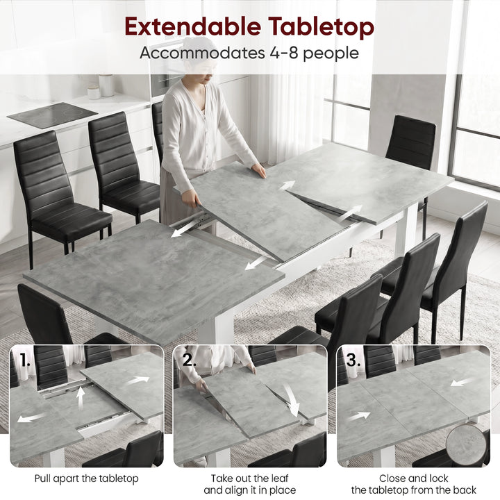 [Concrete]  Milo extension guide showing 3 steps of extending 1 tabletop opening, 2 centre leaf placement, and 3 lock-close steps