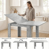 [Concrete] Woman extending a flip-top dining table with Step 1 slide top left, Step 2 fold extension, Step 3 fully extended.