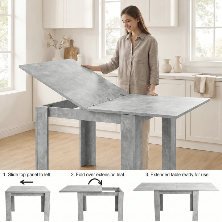 [Concrete] Woman extending a flip-top dining table with Step 1 slide top left, Step 2 fold extension, Step 3 fully extended.