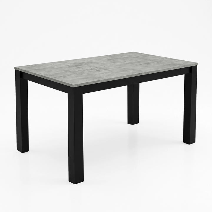 [160cm | Concrete] Closed table on white background with stone-effect top, black square legs, and centre support