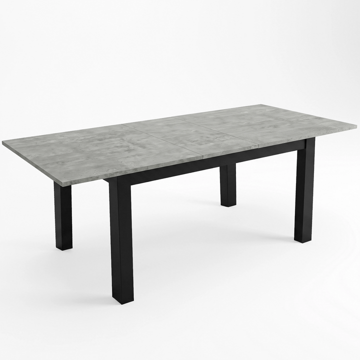 [140cm | Concrete] Extended table on white background with longer top, square legs, and central support frame