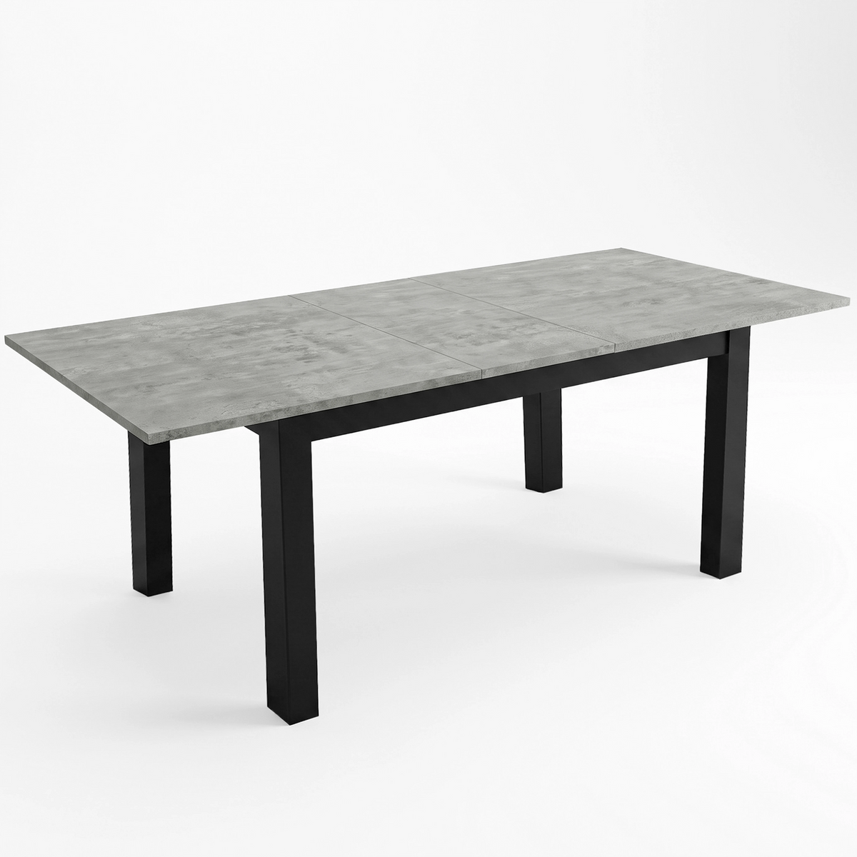 [160cm | Concrete] Extended table on white background with longer top, square legs, and central support frame