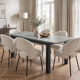 [140cm | Concrete] 180cm extended table with six cream chairs, 40cm centre leaf, leafy vase, wooden bowl and black iron frame