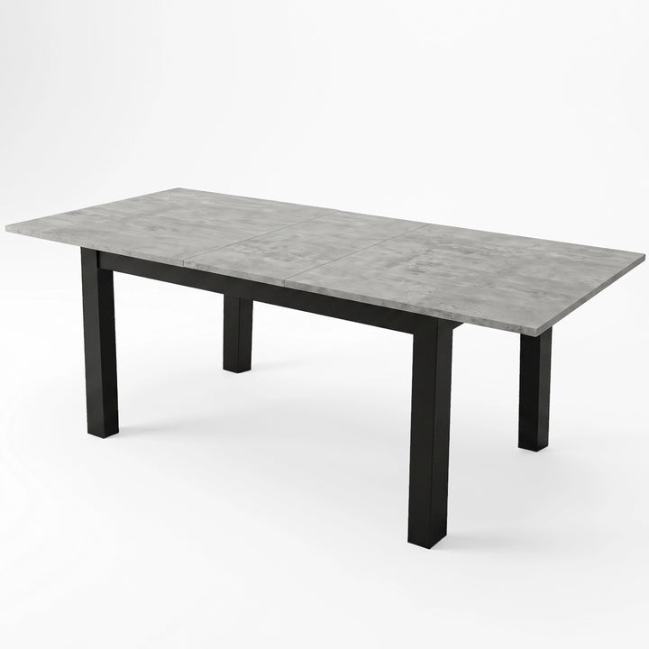 [140cm | Concrete] Dining table extended to 180cm with concrete-effect top, 40cm centre leaf, black frame and square legs