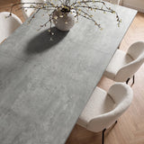 [140cm | Concrete] 180cm extended dining table top with 40cm centre leaf, concrete effect, cream chairs and blossom vase.
