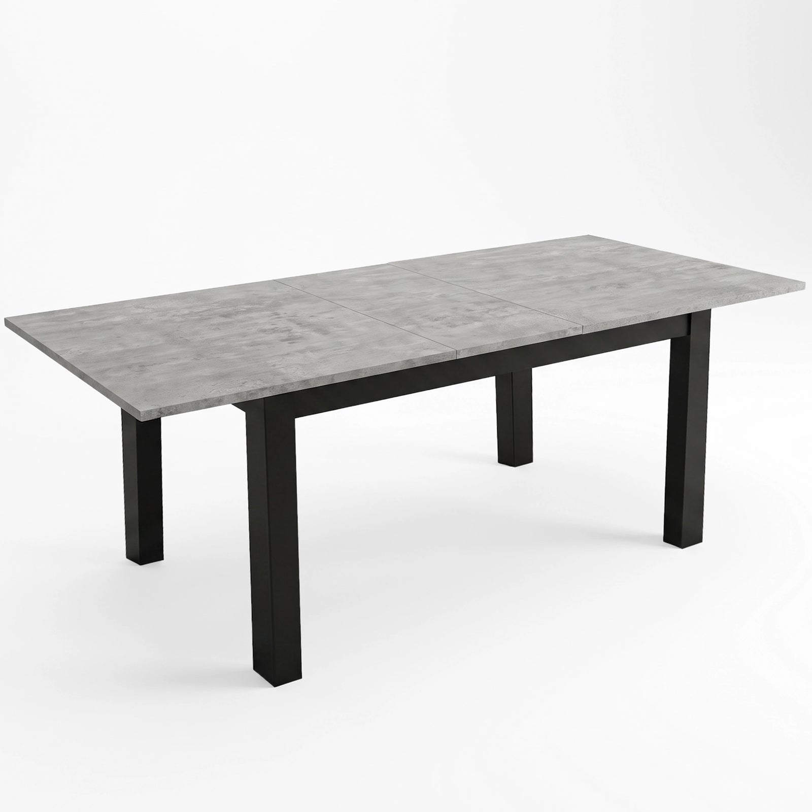 [160cm | Concrete] Dining table extended to 200cm with concrete-effect top, 40cm centre leaf, black frame and square legs
