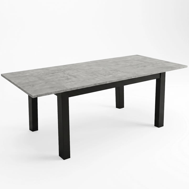 [160 cm | Concrete] Dining table extended to 200cm with concrete-effect top, 40cm centre leaf, black frame and square legs