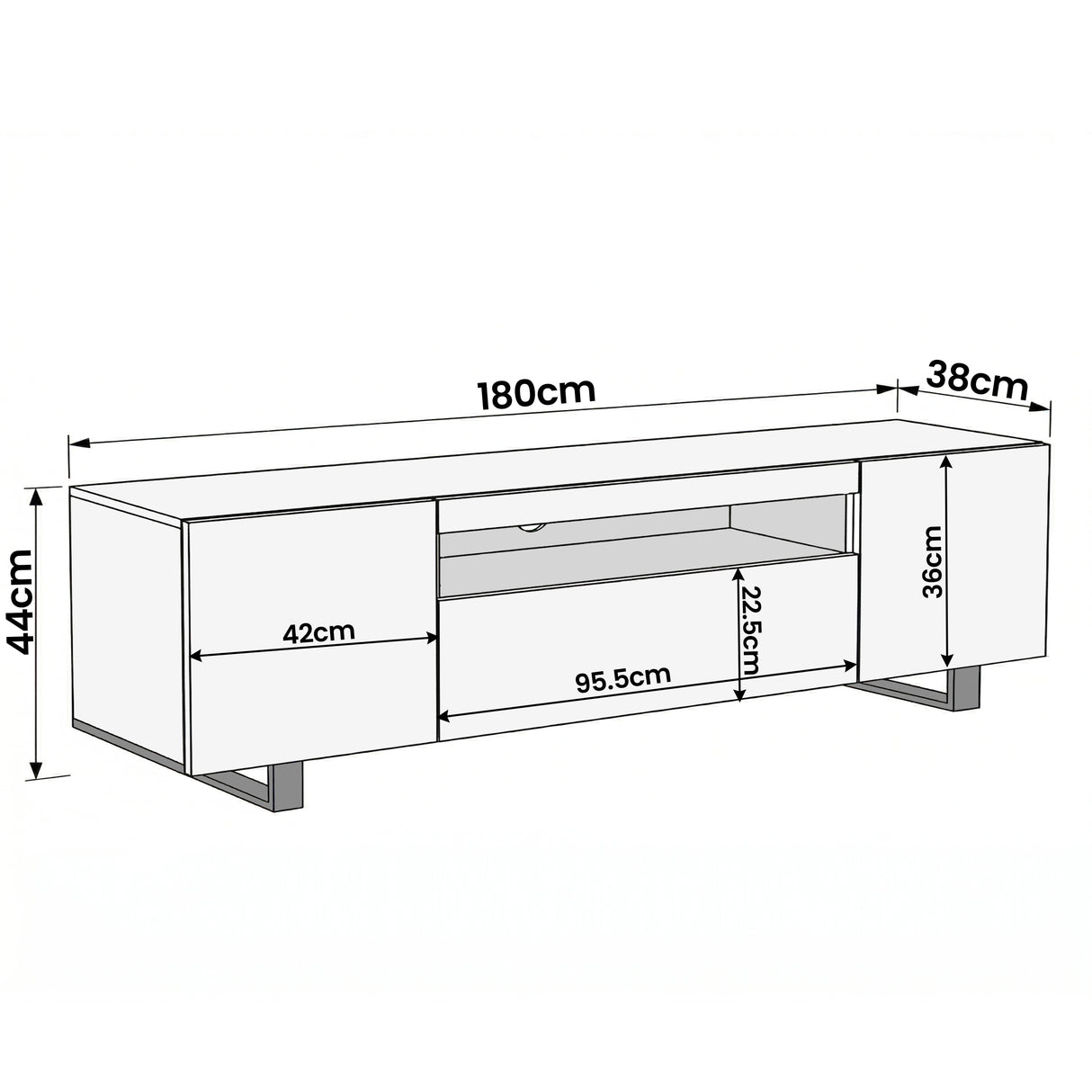 [Concrete] Kystra TV stand technical diagram showing overall width 180cm, depth 38cm, height 44cm, centre section 95.5cm wide, side cabinet 42cm wide, and internal shelf height 22.5cm
