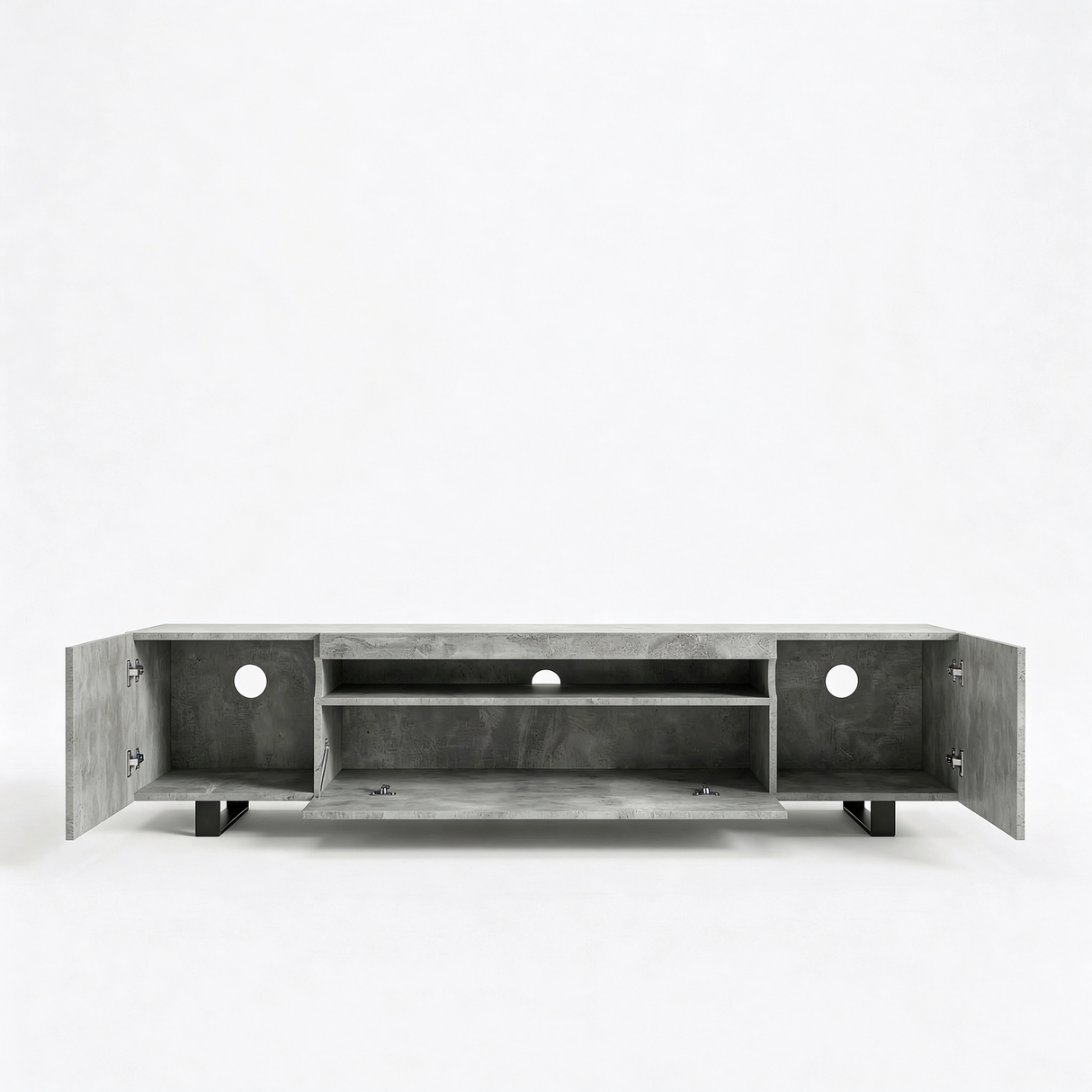 [Concrete] Kystra TV stand on a plain background with all doors open, showing two side cabinets with circular cable holes and chrome hinges, a drop-down centre door, and two internal shelves
