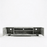 [Concrete] Kystra TV stand on a plain background with all doors open, showing two side cabinets with circular cable holes and chrome hinges, a drop-down centre door, and two internal shelves
