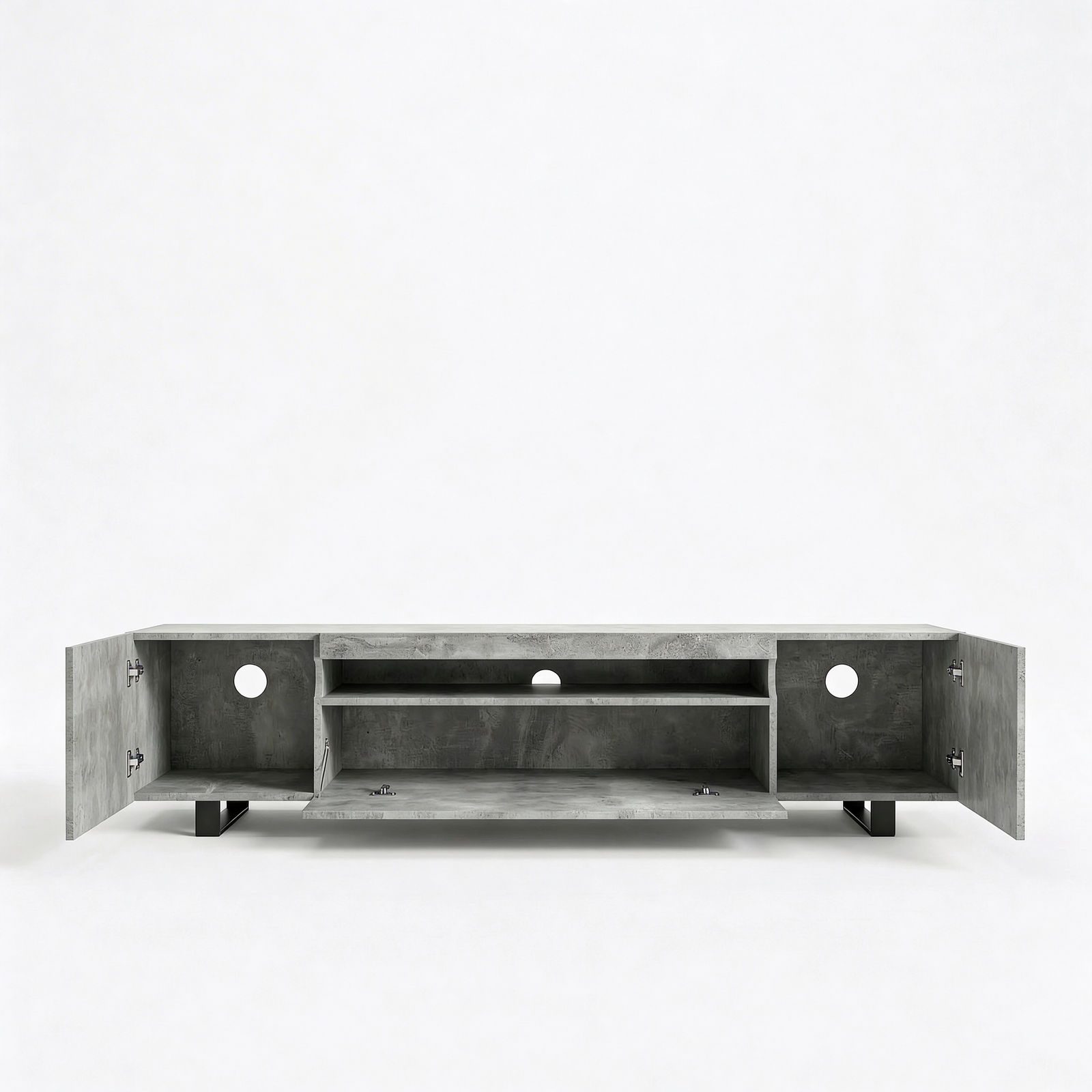 [Concrete] Kystra TV stand cut-out image revealing two internal shelves and three back cable holes