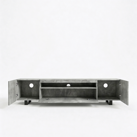 [Concrete] Kystra TV stand on a plain background with all doors open, showing two side cabinets with circular cable holes and chrome hinges, a drop-down centre door, and two internal shelves
