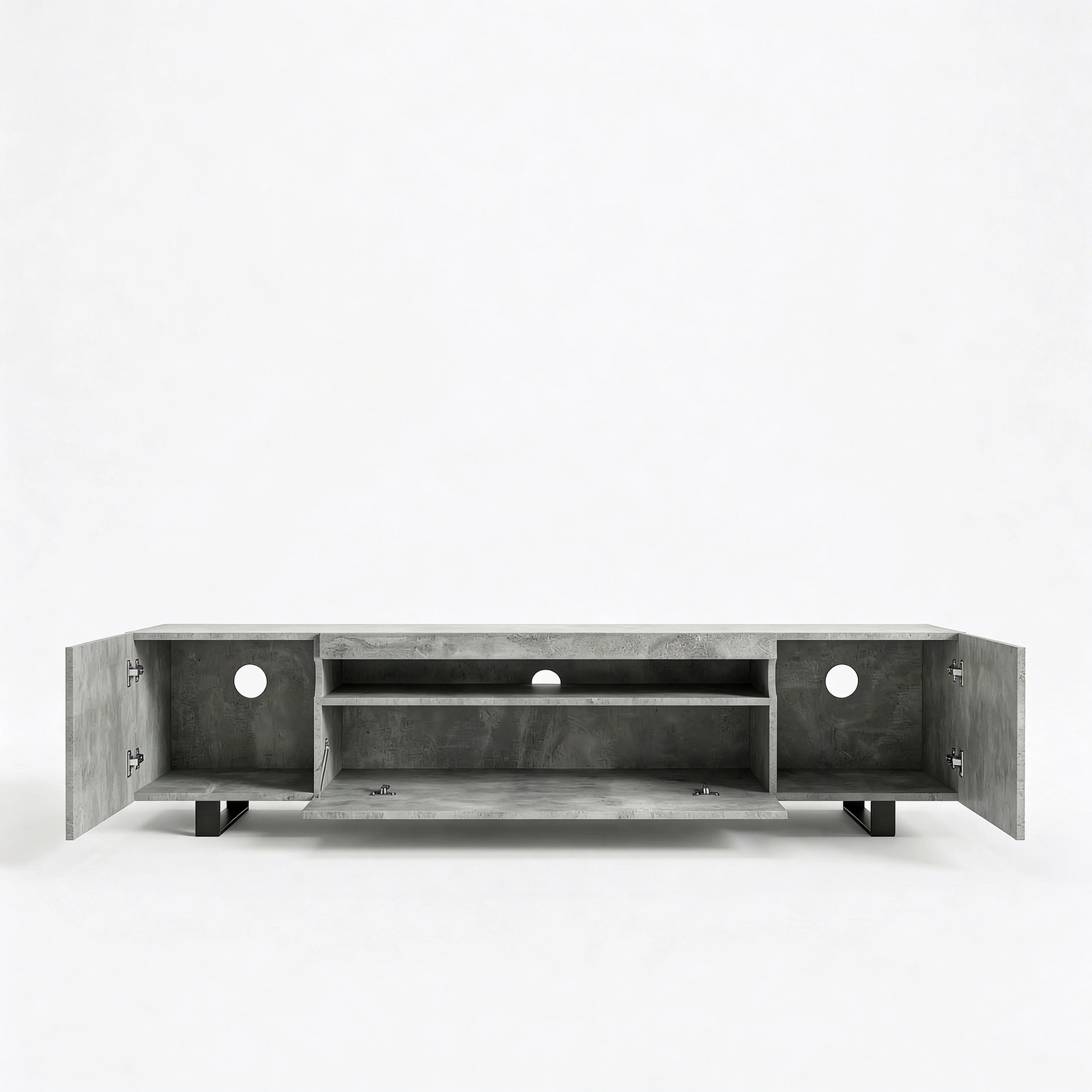 [Concrete] Kystra TV stand cut-out image revealing two internal shelves and three back cable holes