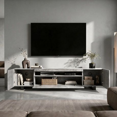 [Concrete] Kystra TV stand with both side cabinet doors open showing books, a rattan basket, storage boxes, and a dark interior finish, with AV equipment in the two-shelf centre section
