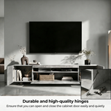 [Concrete] Kystra TV stand hinge detail callout circled in orange beside full open-cabinet view
