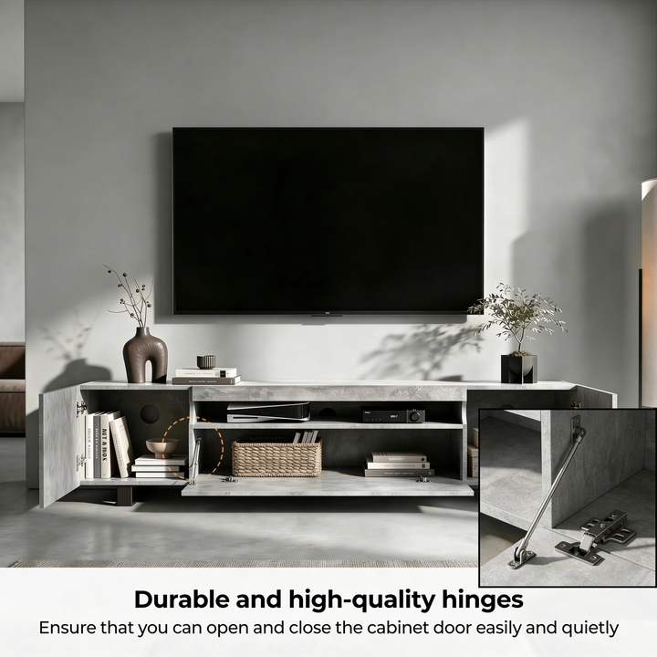 [Concrete] Kystra TV stand hinge detail callout circled in orange beside full open-cabinet view