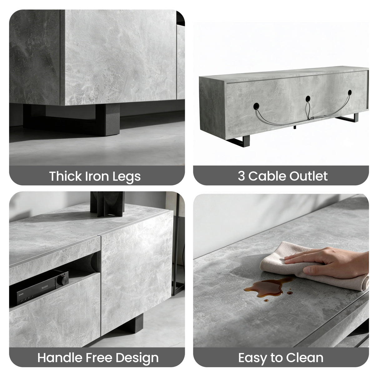 [Concrete] Kystra TV stand detail collage showing thick black iron legs, three circular cable outlets across the back panel, handleless concrete-effect door fronts, and a hand wiping a spill from the surface