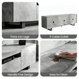 [Concrete] Kystra TV stand feature collage with thick black iron legs and three circular back cable outlets