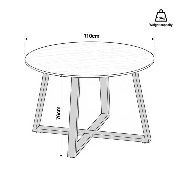 [Concrete] Dimension guide showing the round tabletop width, 76 cm table height and 100 kg weight capacity.
