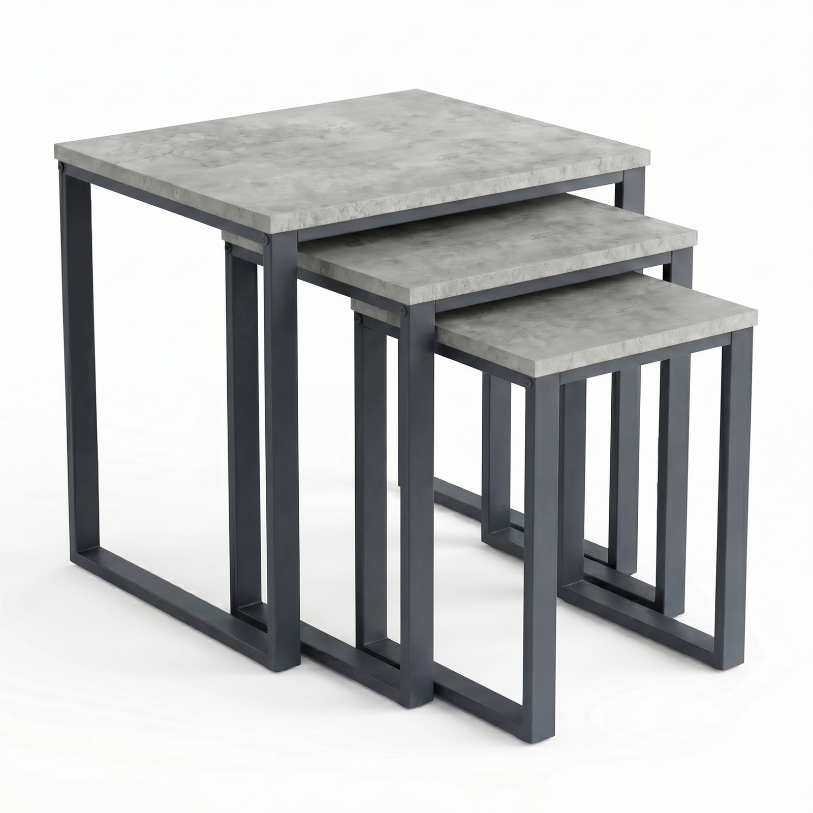 [Concrete] Stackora set of 3 nest of tables in graduated sizes with industrial dark grey metal frames on a white background