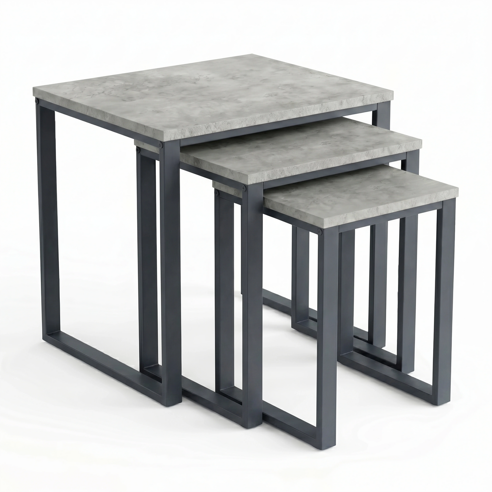 [Concrete] Stackora set of 3 nest of tables in graduated sizes with industrial dark grey metal frames on a white background