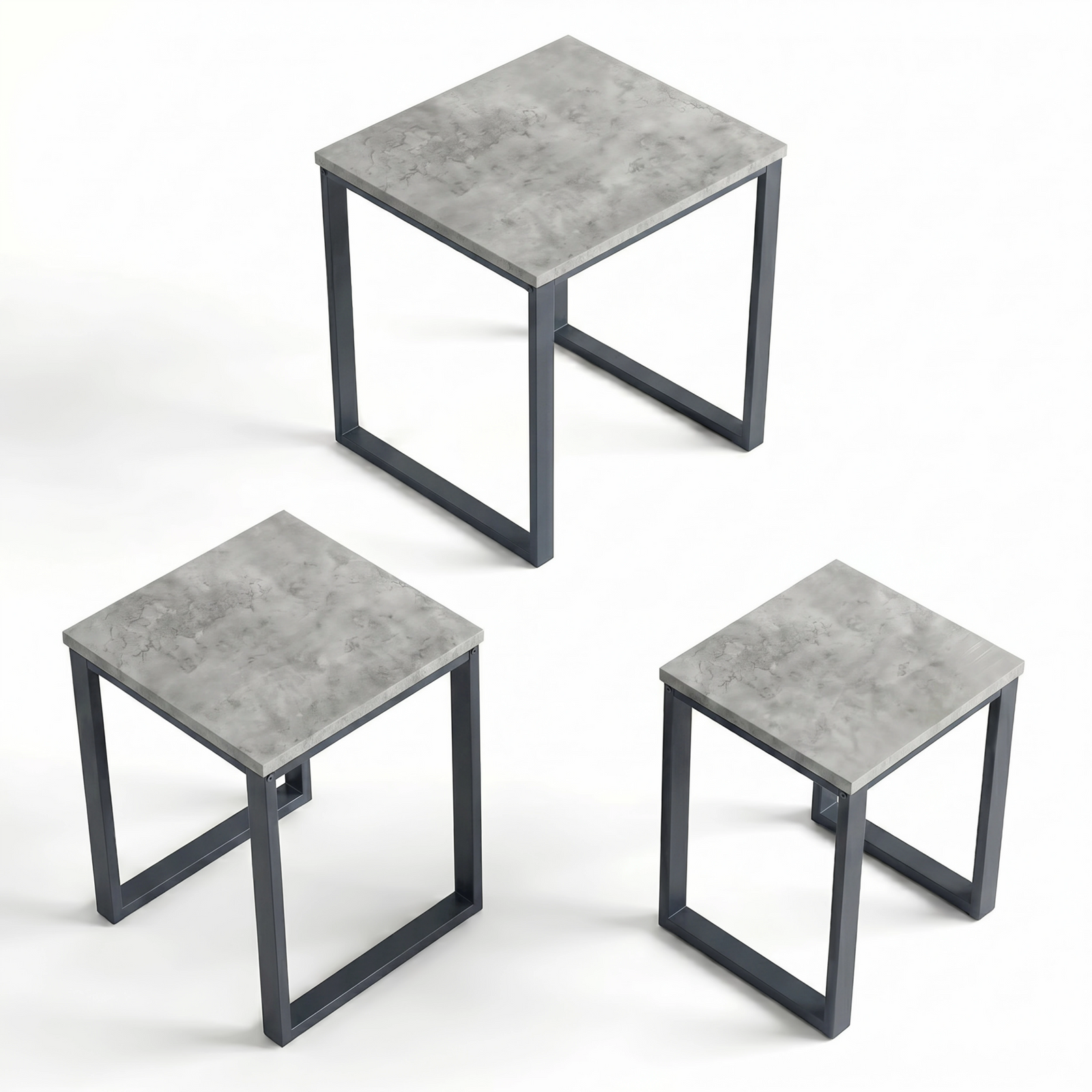 [Concrete] Stackora set of 3 nest of tables shown individually from above at three different heights with dark grey metal loop frames