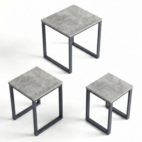 [Concrete] Stackora set of 3 nest of tables shown individually from above at three different heights with dark grey metal loop frames