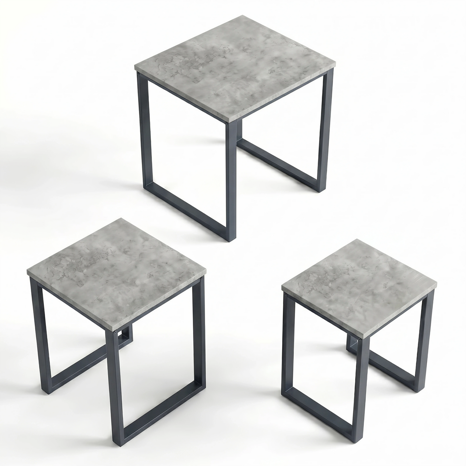 [Concrete] Stackora set of 3 nest of tables shown individually from above at three different heights with dark grey metal loop frames