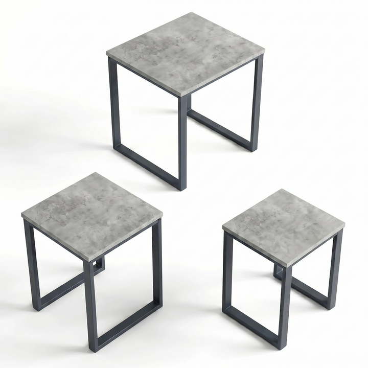 [Concrete] Stackora set of 3 nest of tables shown individually from above at three different heights with dark grey metal loop frames
