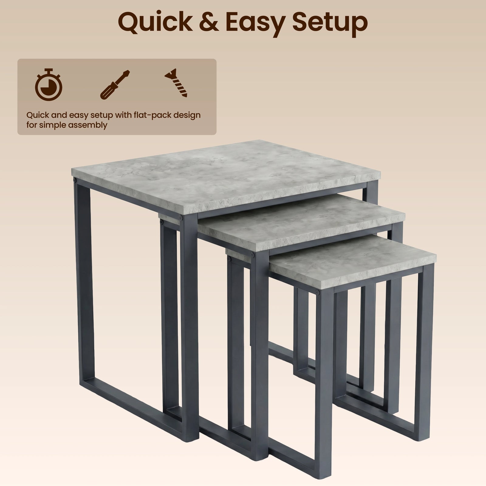 [Concrete] Stackora set of 3 nest of tables stacked together with quick and easy flat-pack assembly icons on warm beige background