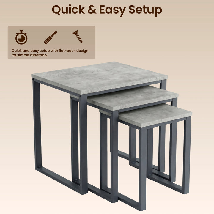 [Concrete] Stackora set of 3 nest of tables stacked together with quick and easy flat-pack assembly icons on warm beige background