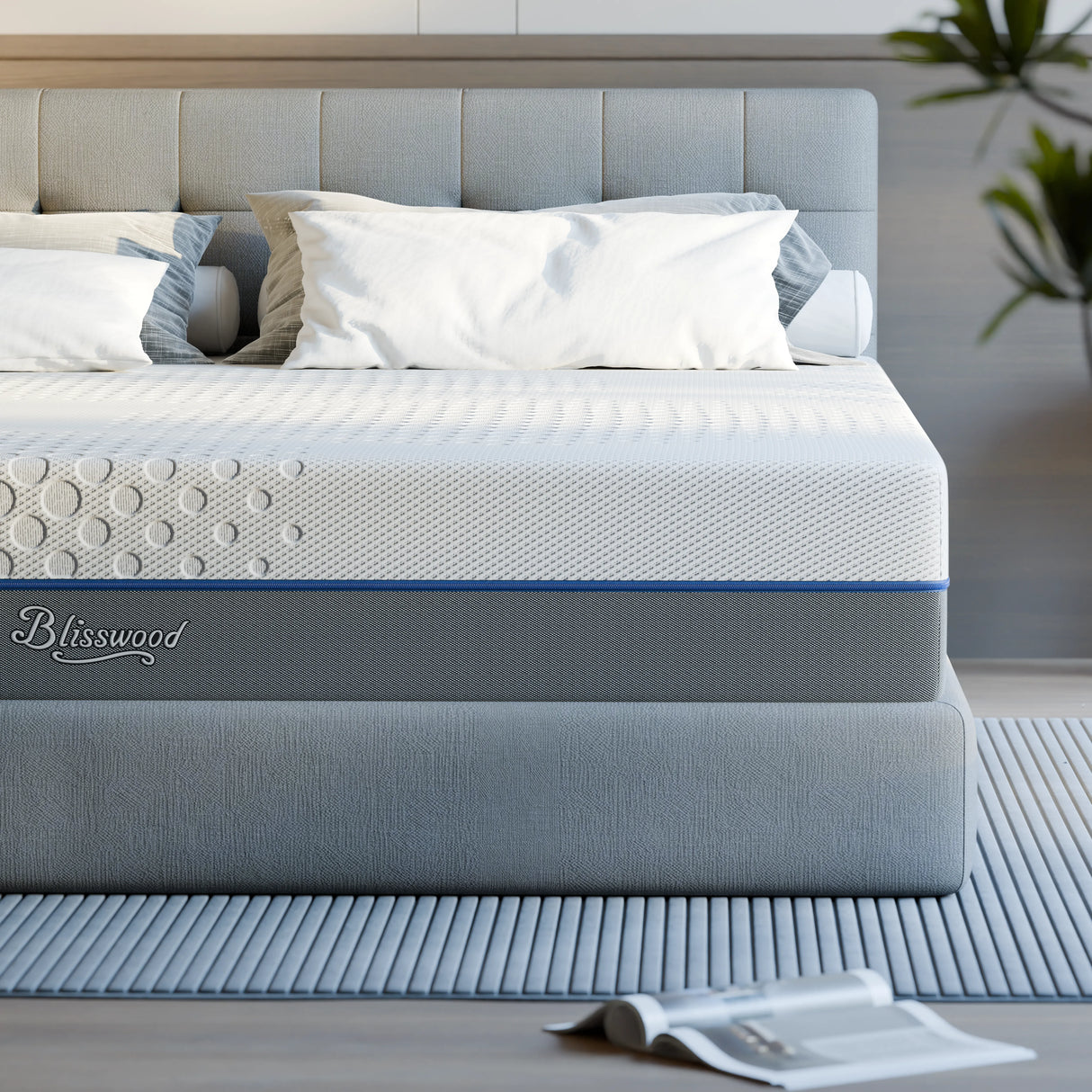 [White | 15cm] Cool gel memory foam mattress on grey fabric bed frame with Blisswood branding on side panel
