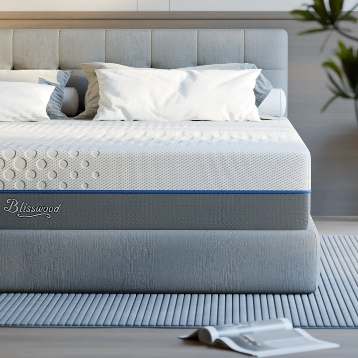 [White | 15cm] Cool gel memory foam mattress on grey fabric bed frame with Blisswood branding on side panel