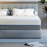[White | 20cm] Cool gel memory foam mattress dressed on grey upholstered bed with white pillows and book on floor