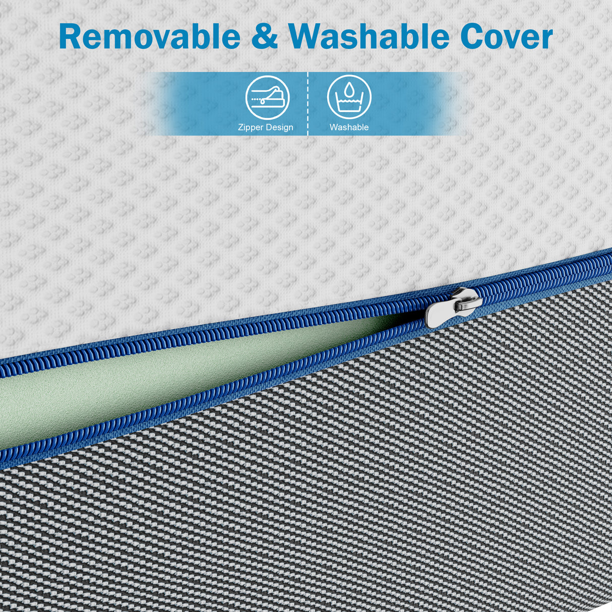 [White | 18cm] Cool gel memory foam mattress cover unzipping along blue trim to show washable design