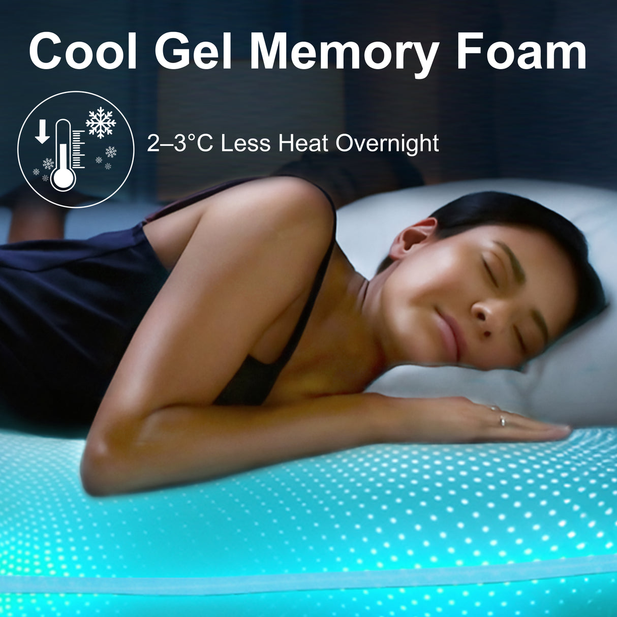 [White | 15cm] Cool gel memory foam mattress lifestyle showing sleeping woman under cooling icon graphic