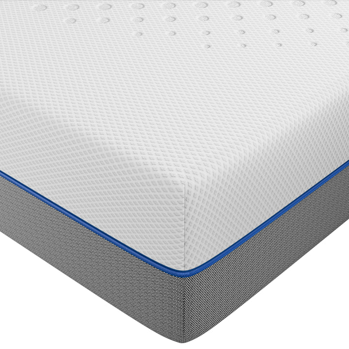 [White | 20cm] Cool gel memory foam mattress corner: white diamond-quilted knit top, blue piping, grey woven base