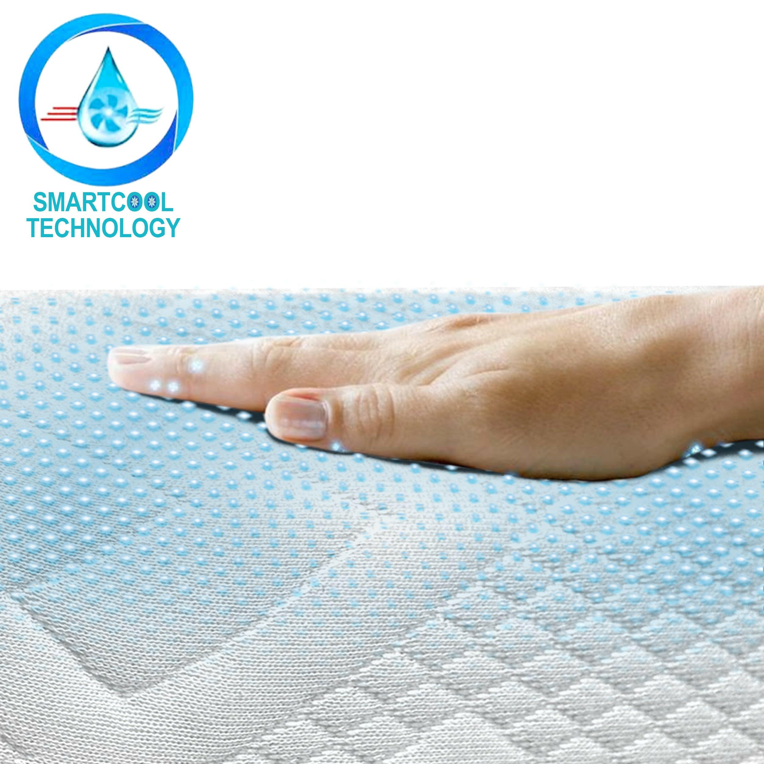 Cool gel memory foam mattress full size with SmartCool technology, featuring a hand pressing down.