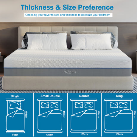 [White | 18cm] Cool gel memory foam mattress with size chart Single 90, Small Double 120, Double 135, King 150cm