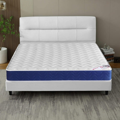 [White | King] Sprung mattress dressed on a white headboard bed with horizontal panel stitching, plant prop.