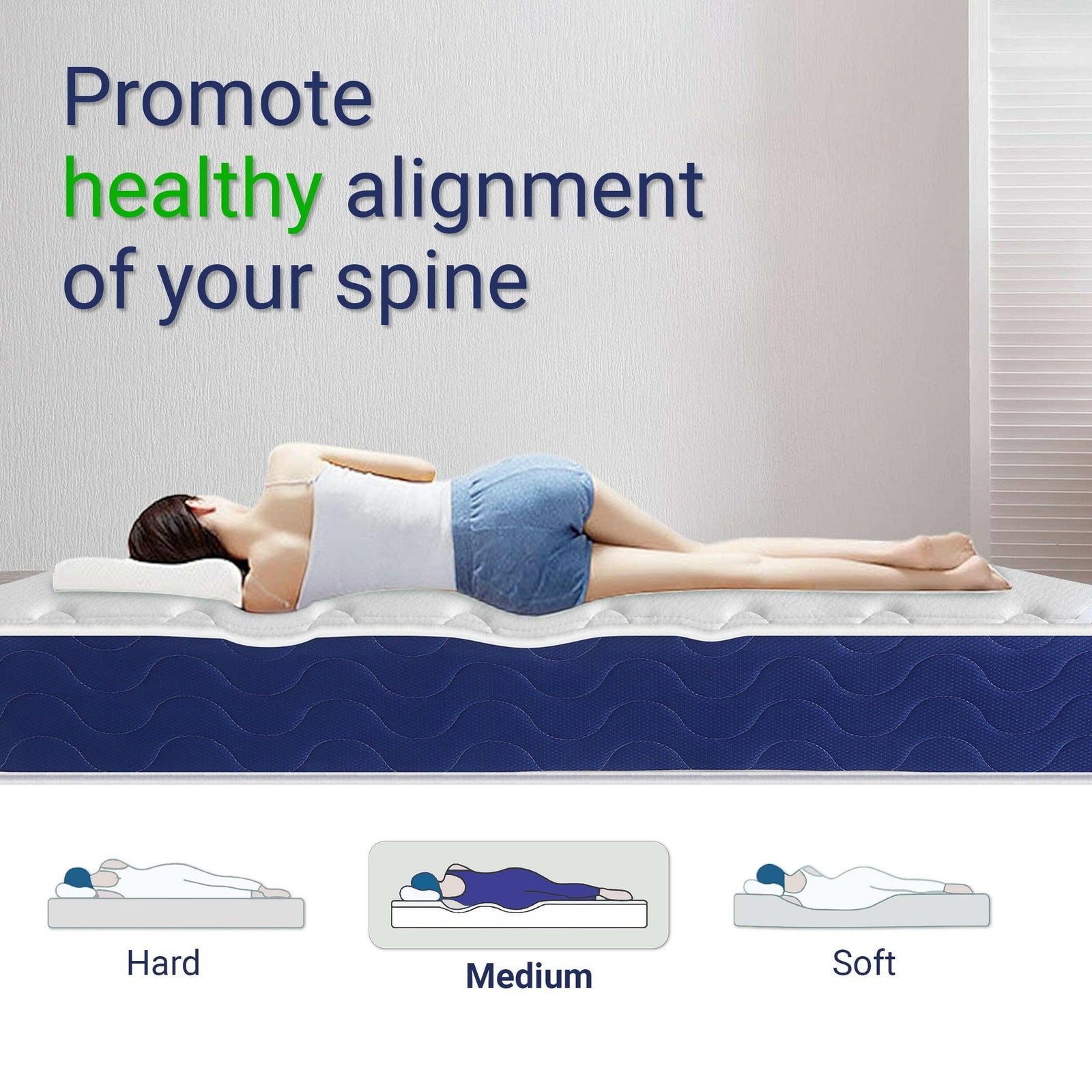 [White | King] Sprung mattress graphic, woman side-sleeping, hard-medium-soft scale with medium highlighted.