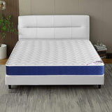[White | Super King] Sprung mattress on white tufted-panel headboard bed, black tapered legs, plant on the left.
