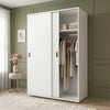 [Cool White] Torvek large sliding wardrobe side angled view in bright neutral bedroom with sheer curtains