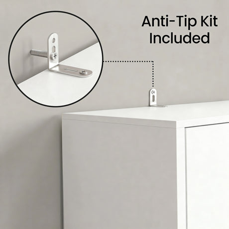 [Cool White] Anti-tip kit included with a white cabinet on a light gray background