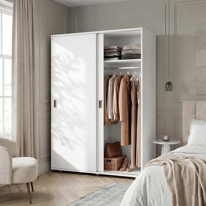 [Cool White] Torvek sliding wardrobe half-open in warm bedroom with hanging jackets, folded shelf items and basket