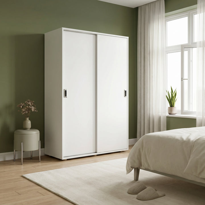 [Cool White]   White wardrobe in a bedroom with a bed, rug, and window.