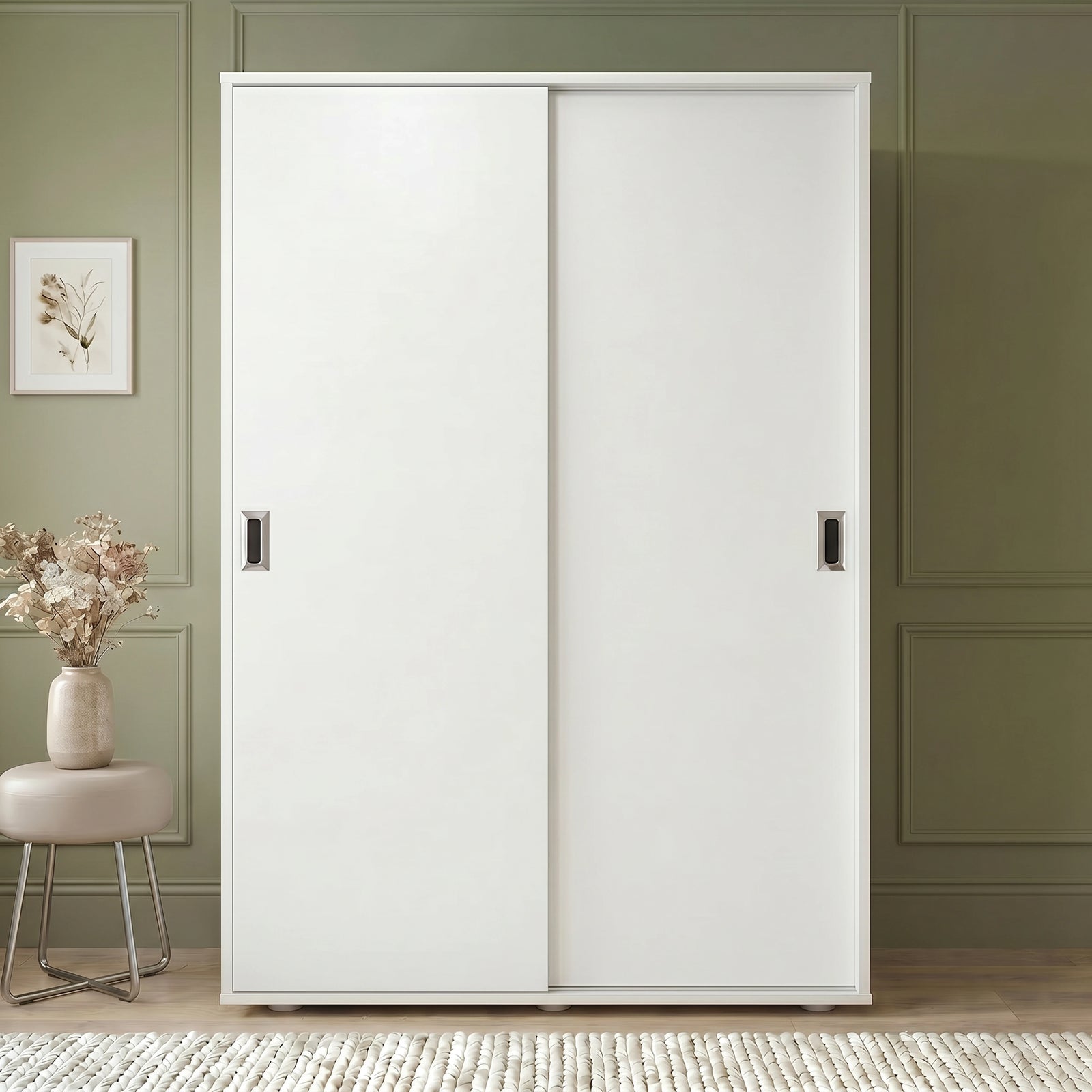 [Cool White] Torvek large sliding wardrobe fully closed front view in neutral bedroom with chrome recessed handles