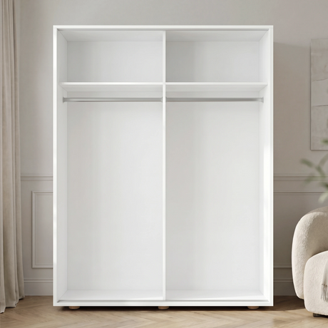 [Cool White] Torvek wardrobe fully open showing empty white interior with two hanging rails and upper shelving