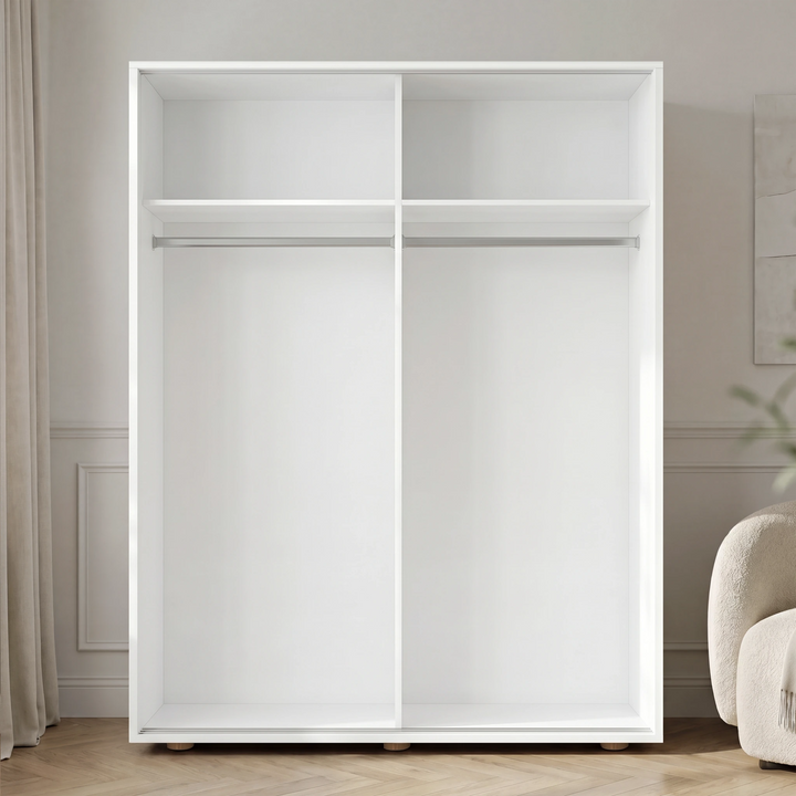 [Cool White] Torvek wardrobe fully open showing empty white interior with two hanging rails and upper shelving